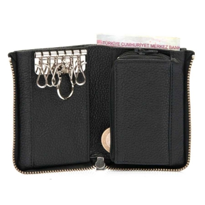 Tergan Siyah Para Bölmeli Deri Anahtarlık - 0252A6F - 2